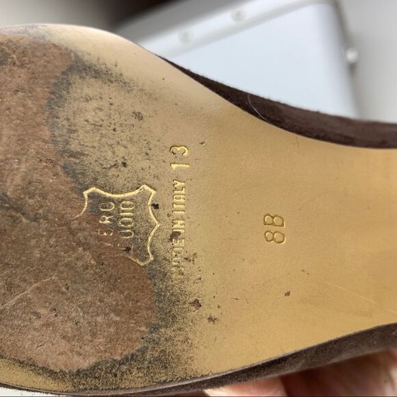 Vintage Paloma Brown Suede Pointy Toe Heels Satin Gold Circle Accent - Picture 10 of 13